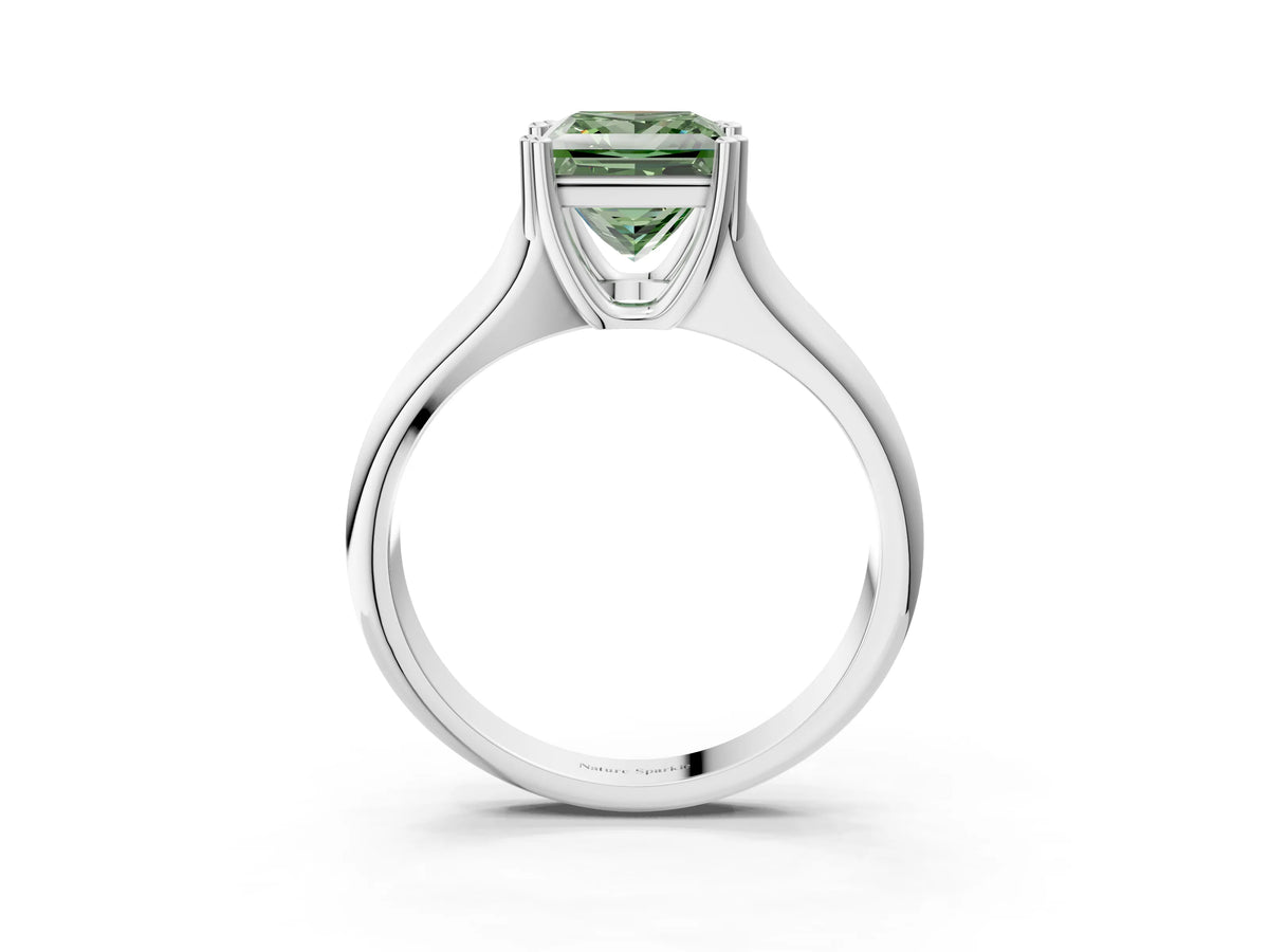 Fancy Green Princess Cut Diamond Solitaire Ring in Silver with Smooth Wide Band and Prong Setting_15