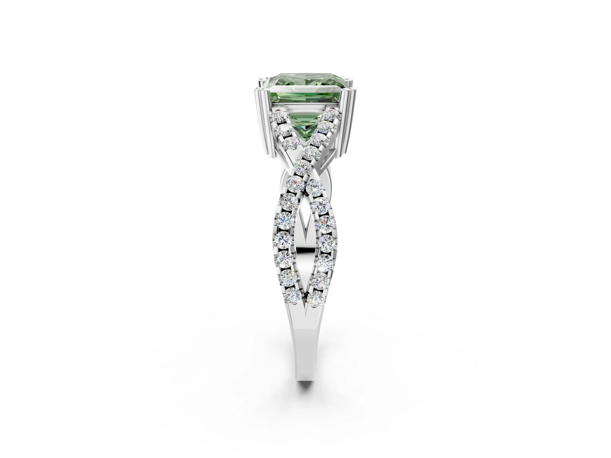 Fancy Green Princess Cut Diamond Solitaire Ring in White gold with Interwoven Pavé Band and Prong Setting_2