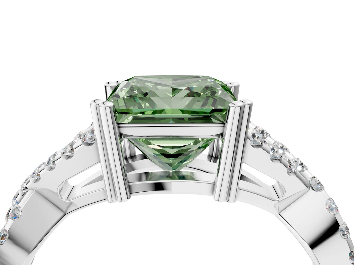 Fancy Green Princess Cut Diamond Solitaire Ring in White gold with Interwoven Pavé Band and Prong Setting_4