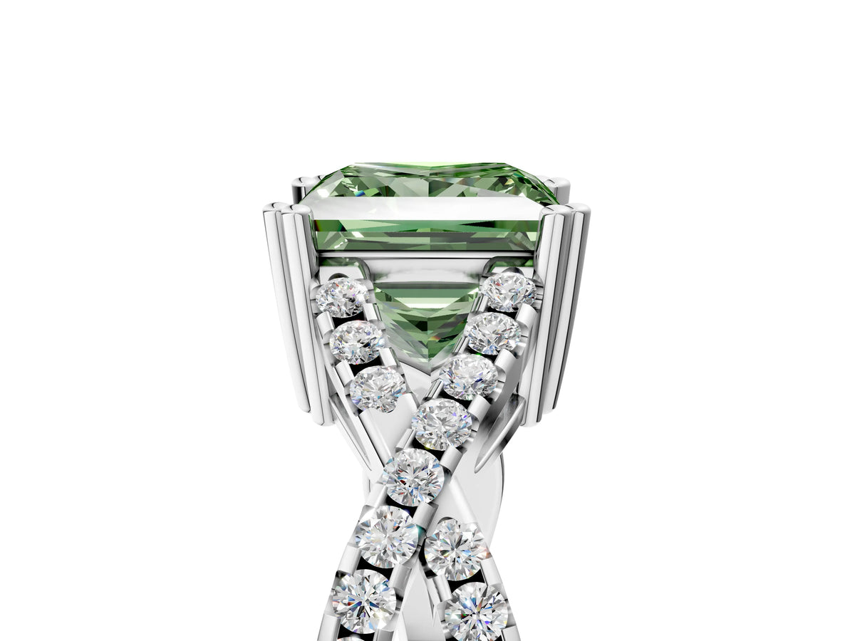 Fancy Green Princess Cut Diamond Solitaire Ring in White gold with Interwoven Pavé Band and Prong Setting_5
