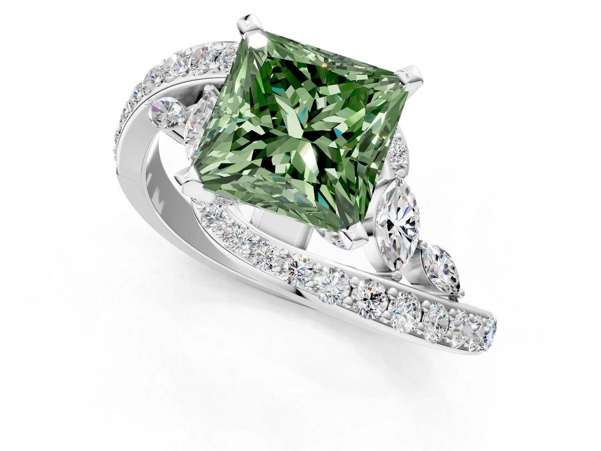 Fancy Green Princess Cut Diamond Solitaire Ring in White gold with Pavé Twist Band and Prong Setting_1