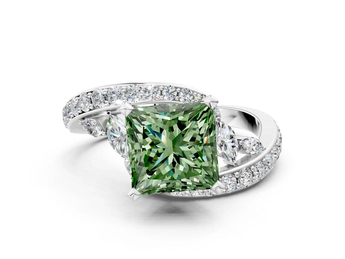 Fancy Green Princess Cut Diamond Solitaire Ring in White gold with Pavé Twist Band and Prong Setting