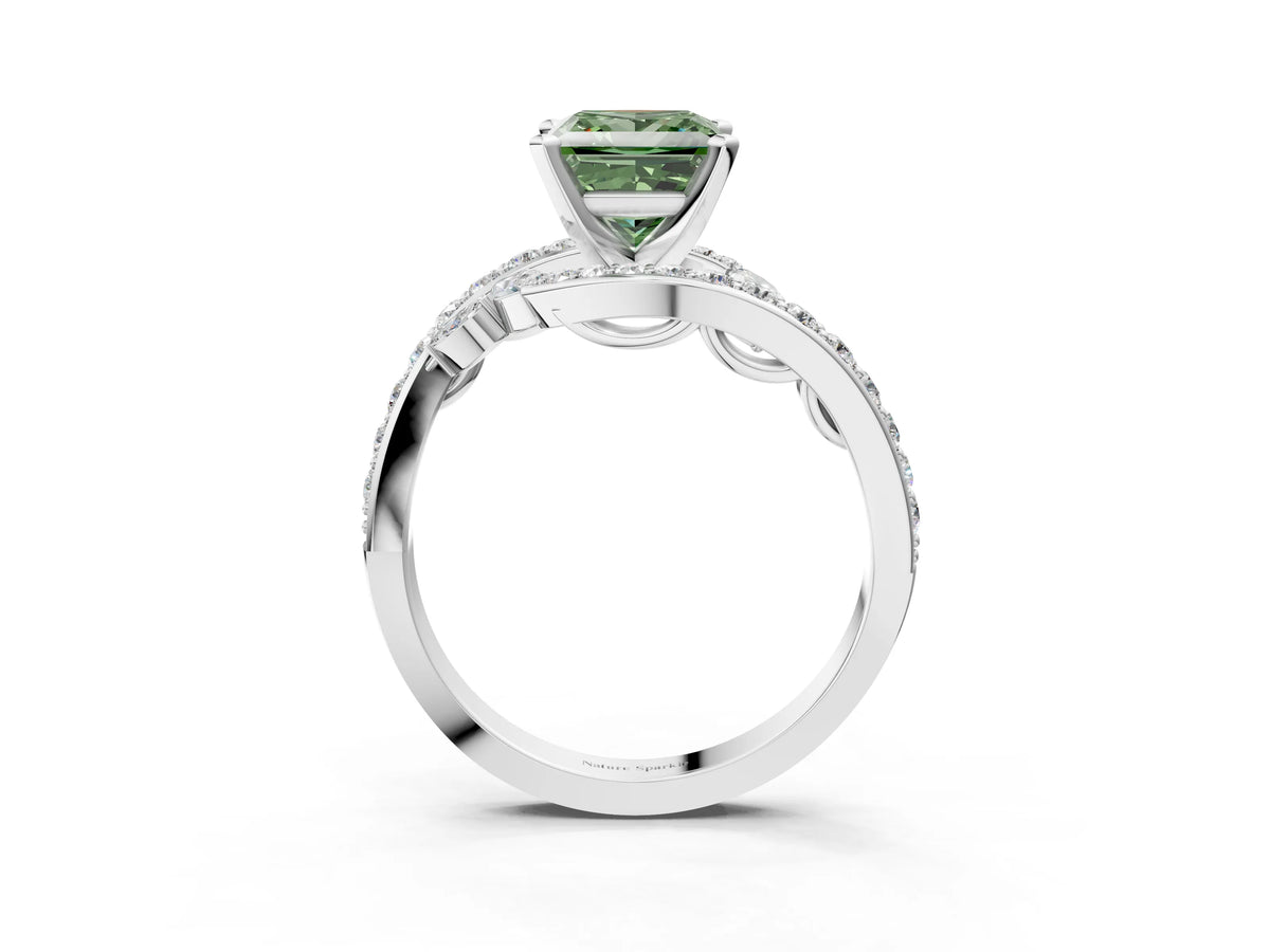 Fancy Green Princess Cut Diamond Solitaire Ring in White gold with Pavé Twist Band and Prong Setting_3