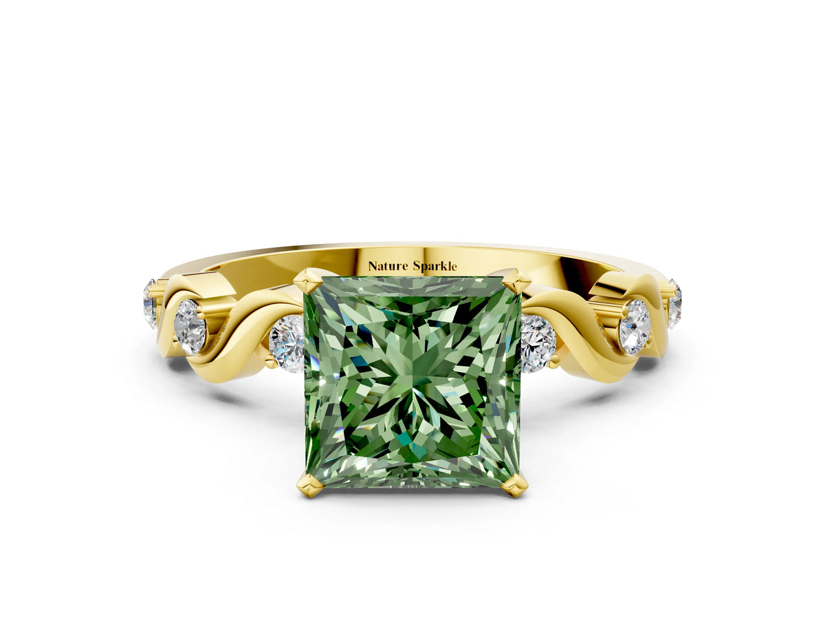 Fancy Green Princess Cut Diamond Solitaire Ring in Yellow gold with Twisted Ribbon Band and Round Accents