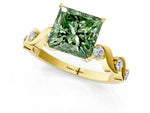 Fancy Green Princess Cut Diamond Solitaire Ring in Yellow gold with Twisted Ribbon Band and Round Accents_1