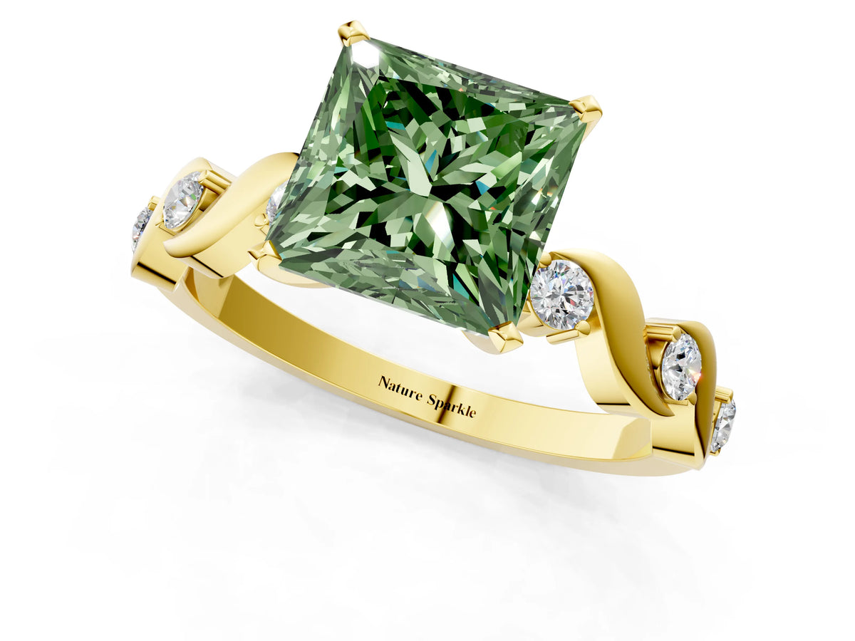 Fancy Green Princess Cut Diamond Solitaire Ring in Yellow gold with Twisted Ribbon Band and Round Accents_1