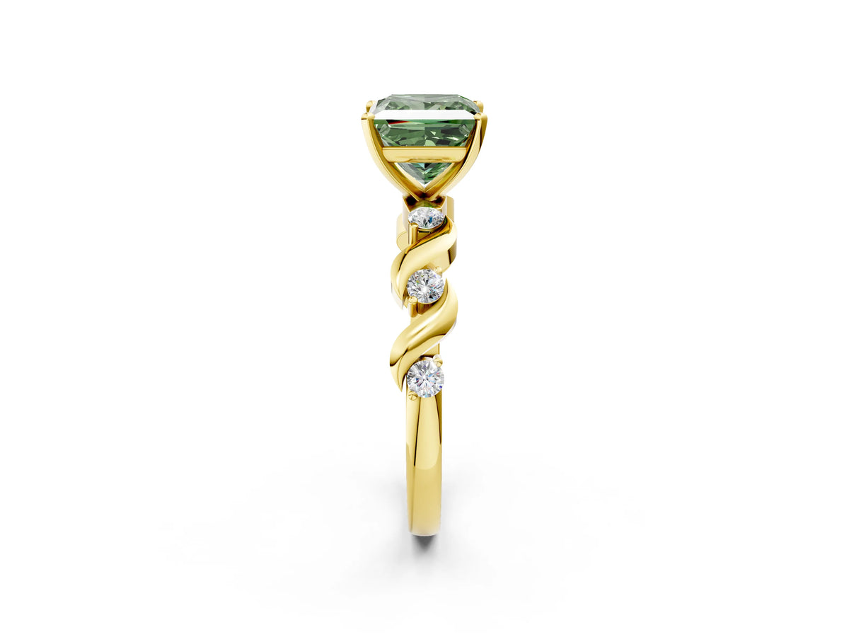 Fancy Green Princess Cut Diamond Solitaire Ring in Yellow gold with Twisted Ribbon Band and Round Accents_2
