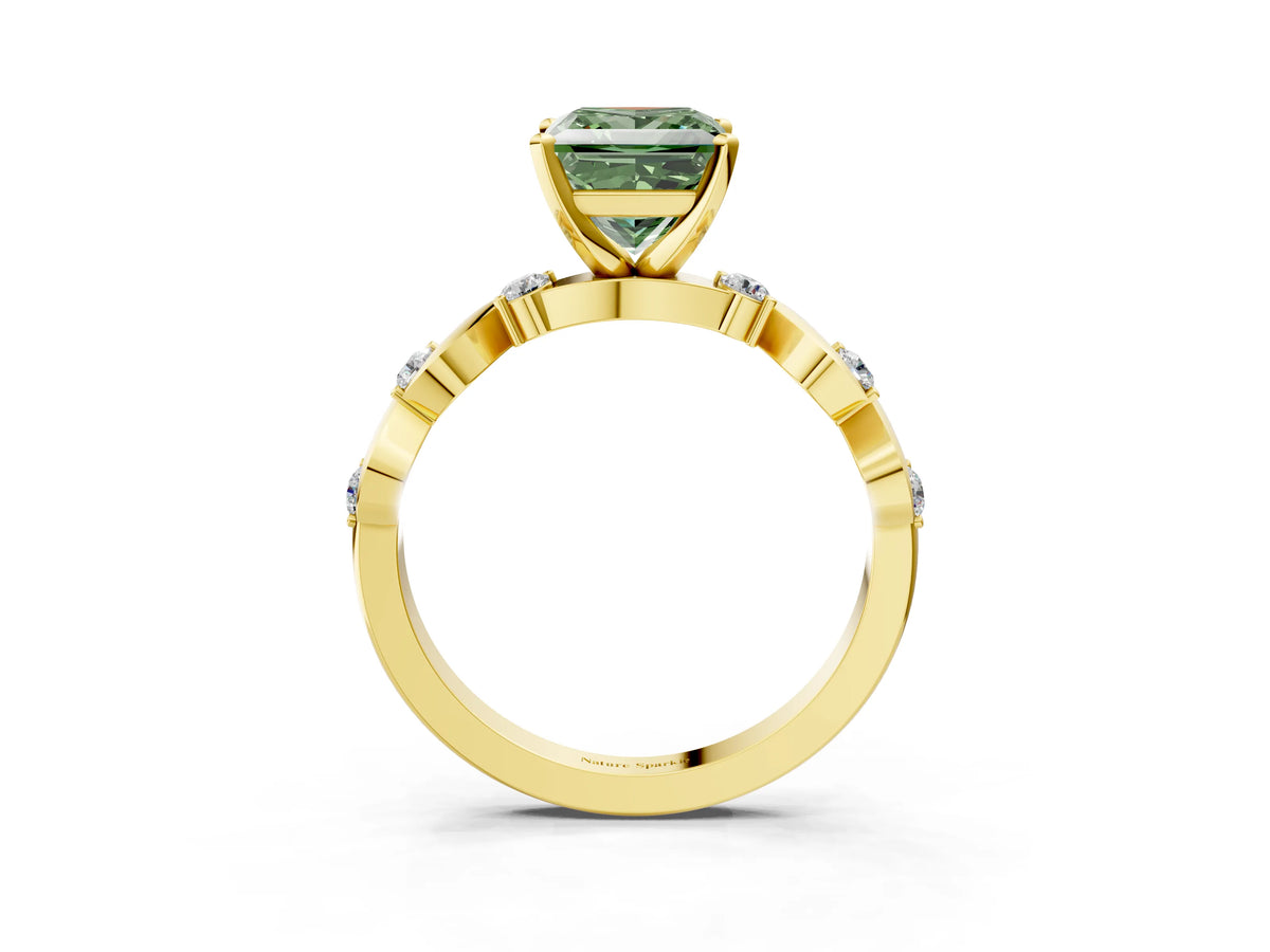 Fancy Green Princess Cut Diamond Solitaire Ring in Yellow gold with Twisted Ribbon Band and Round Accents_3