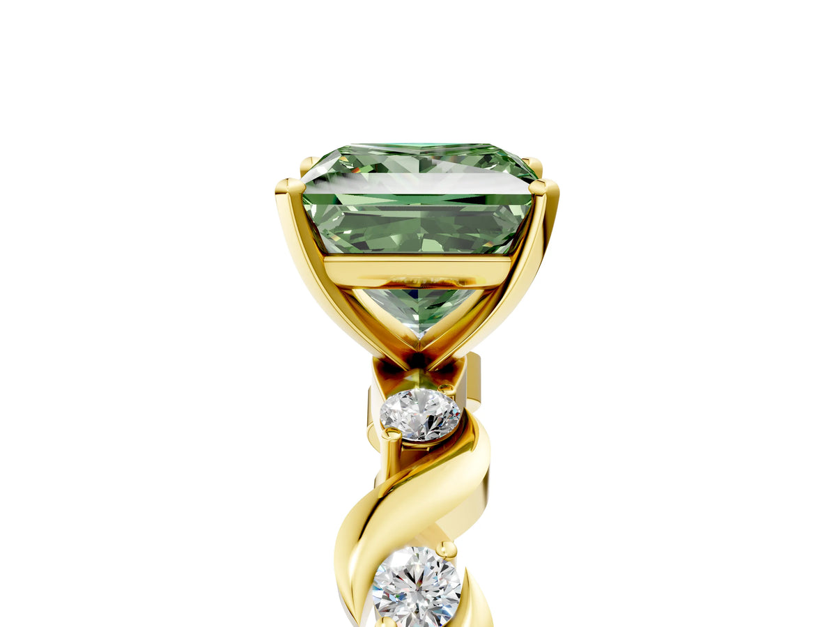 Fancy Green Princess Cut Diamond Solitaire Ring in Yellow gold with Twisted Ribbon Band and Round Accents_5