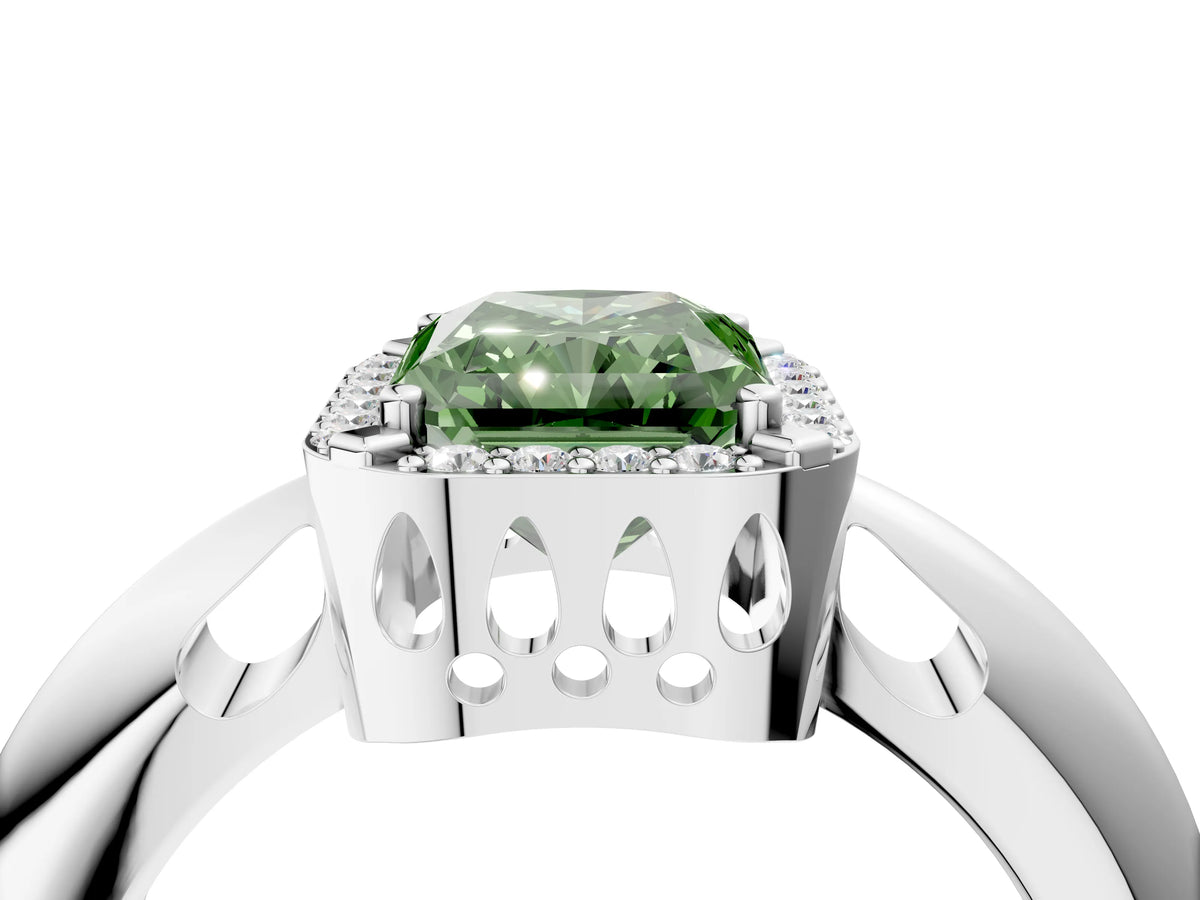 Fancy Green Radiant Cut Diamond Halo Engagement Ring in Silver with Plain Split Shank and Prong Setting_10