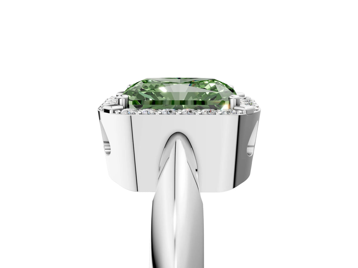 Fancy Green Radiant Cut Diamond Halo Engagement Ring in Silver with Plain Split Shank and Prong Setting_11