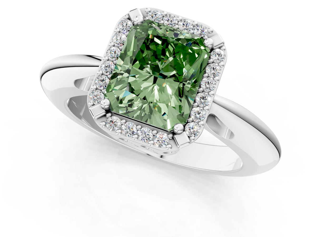 Fancy Green Radiant Cut Diamond Halo Engagement Ring in White gold with Plain Split Shank and Prong Setting_1