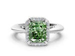 Fancy Green Radiant Cut Diamond Halo Engagement Ring in White gold with Plain Split Shank and Prong Setting