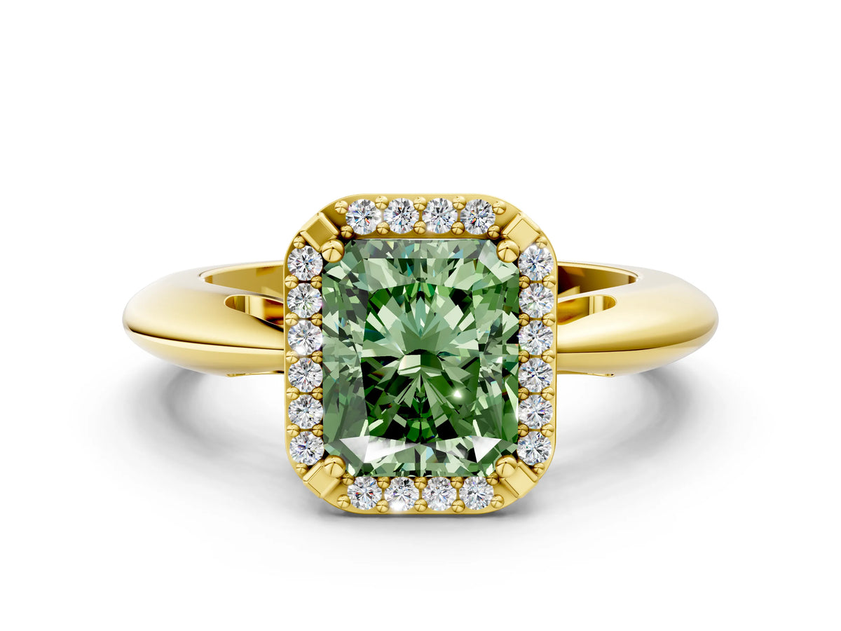 Fancy Green Radiant Cut Diamond Halo Engagement Ring in Yellow gold with Plain Split Shank and Prong Setting