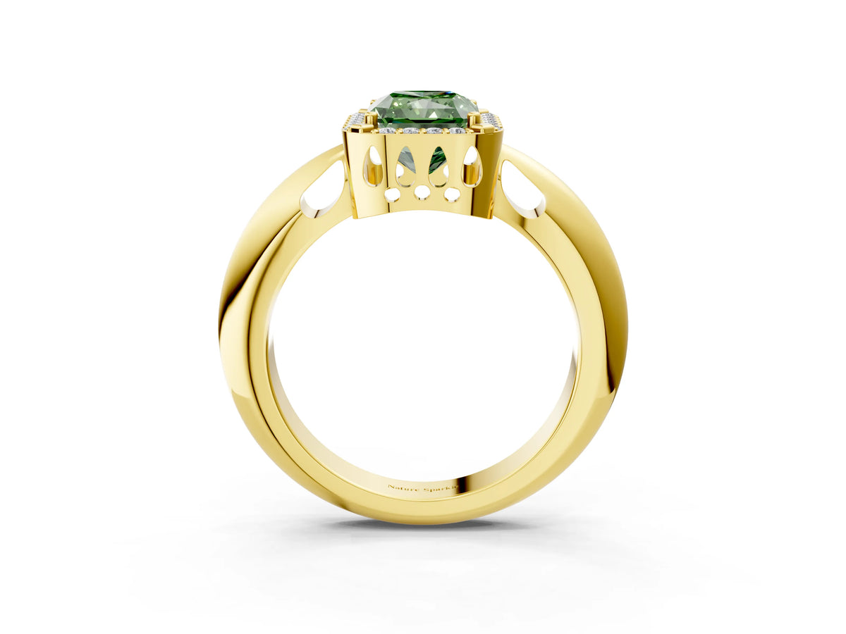 Fancy Green Radiant Cut Diamond Halo Engagement Ring in Yellow gold with Plain Split Shank and Prong Setting_3