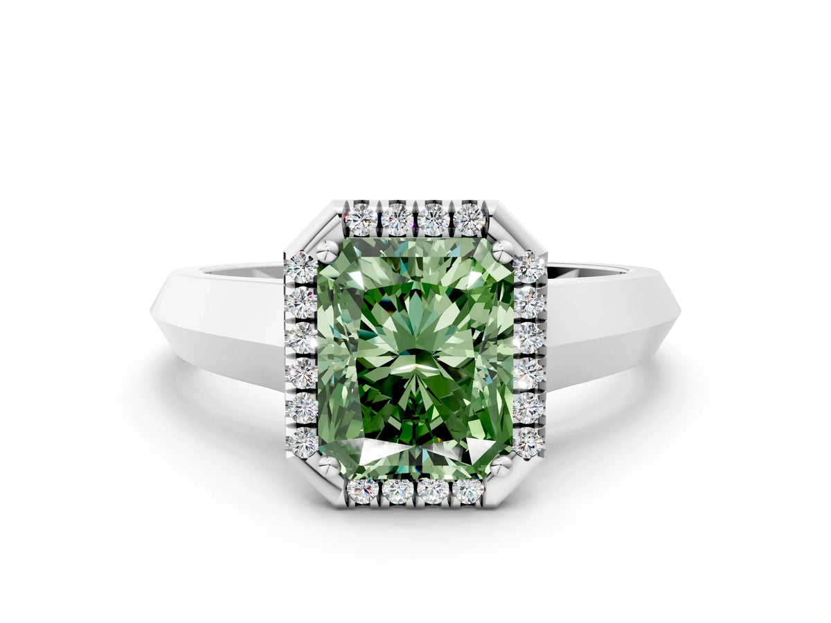 Fancy Green Radiant Cut Diamond Halo Ring in Platinum with Cathedral Band and Prong Setting_6