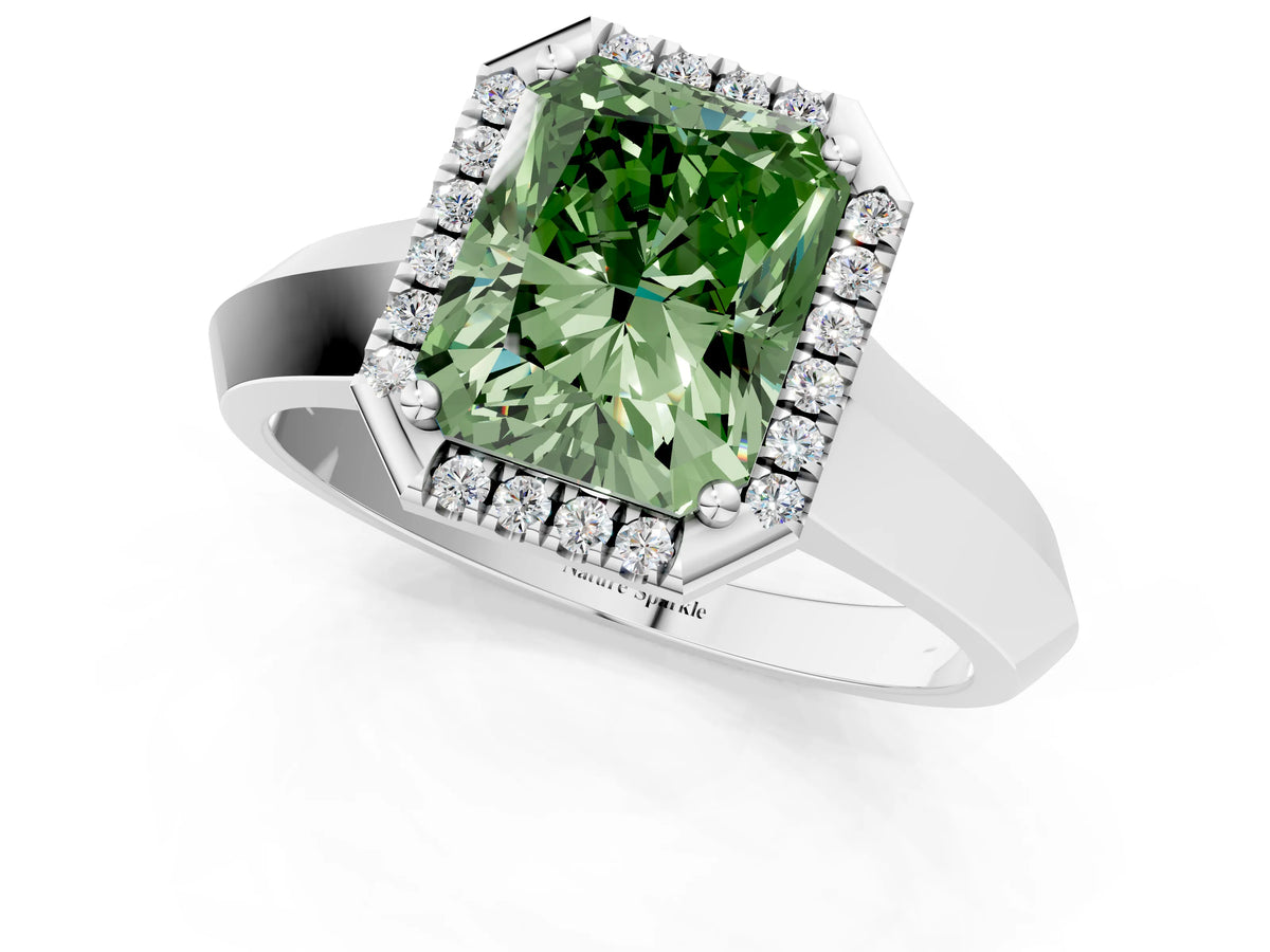 Fancy Green Radiant Cut Diamond Halo Ring in Platinum with Cathedral Band and Prong Setting_7