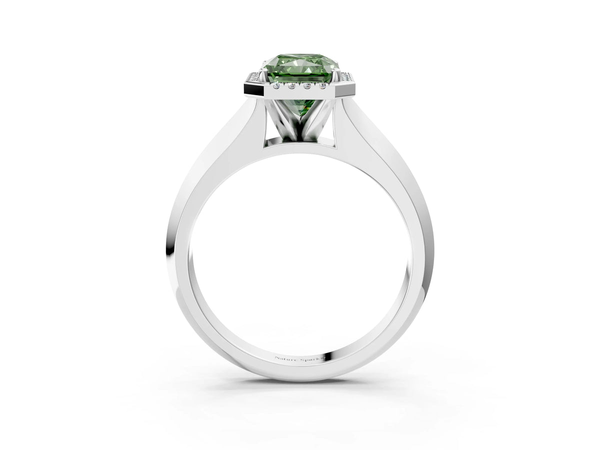 Fancy Green Radiant Cut Diamond Halo Ring in Platinum with Cathedral Band and Prong Setting_9