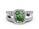 Fancy Green Radiant Cut Diamond Halo Ring in Silver with Split Shank Band and Prong Setting_12