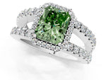 Fancy Green Radiant Cut Diamond Halo Ring in Silver with Split Shank Band and Prong Setting_13