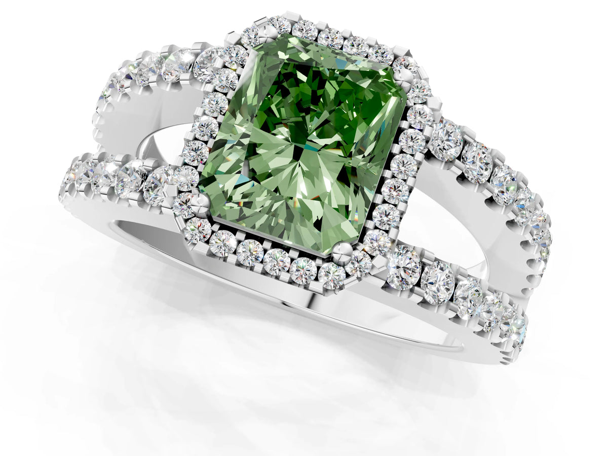 Fancy Green Radiant Cut Diamond Halo Ring in Silver with Split Shank Band and Prong Setting_13