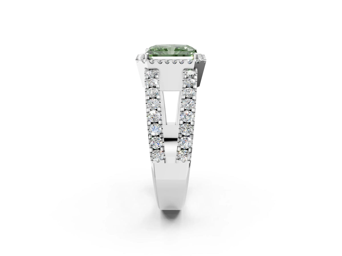 Fancy Green Radiant Cut Diamond Halo Ring in Silver with Split Shank Band and Prong Setting_14