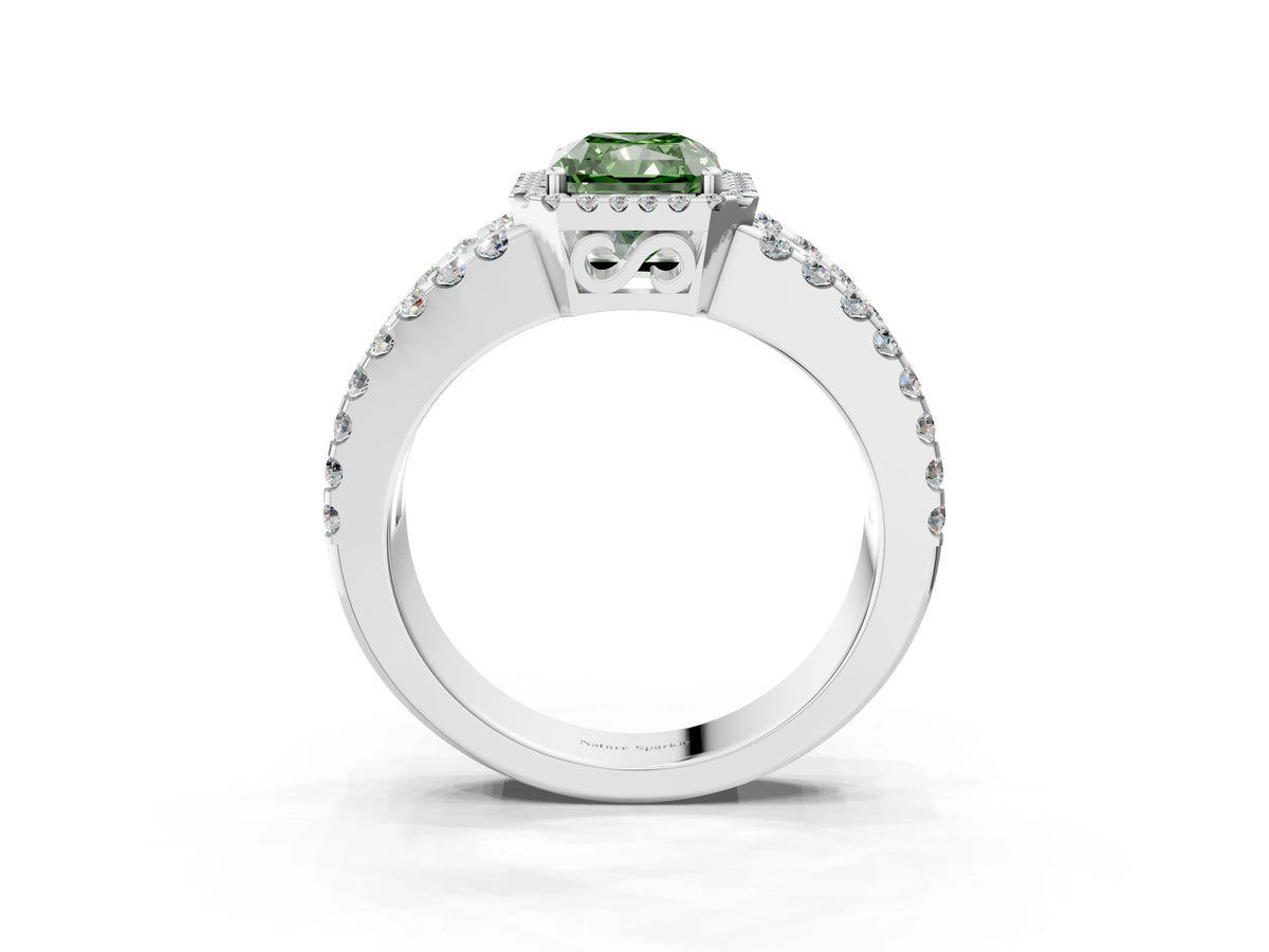 Fancy Green Radiant Cut Diamond Halo Ring in Silver with Split Shank Band and Prong Setting_15