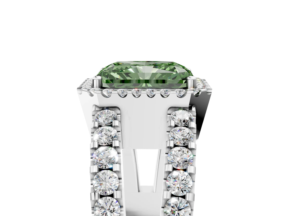 Fancy Green Radiant Cut Diamond Halo Ring in Silver with Split Shank Band and Prong Setting_17