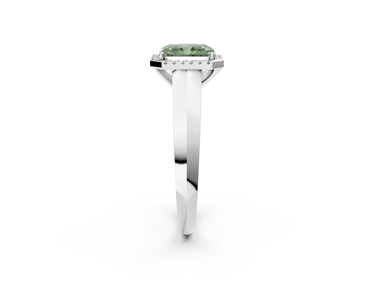 Fancy Green Radiant Cut Diamond Halo Ring in White gold with Cathedral Band and Prong Setting_2