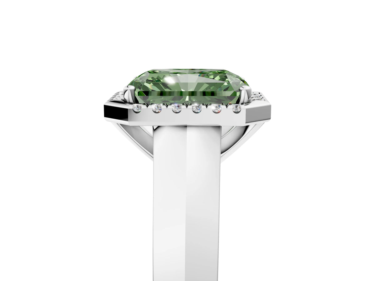 Fancy Green Radiant Cut Diamond Halo Ring in White gold with Cathedral Band and Prong Setting_5