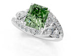 Fancy Green Radiant Cut Diamond Halo Ring in White gold with Marquise and Pavé Band in Prong Setting_1