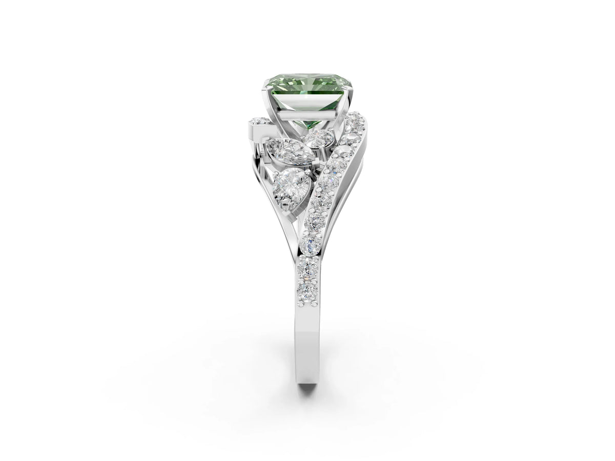 Fancy Green Radiant Cut Diamond Halo Ring in White gold with Marquise and Pavé Band in Prong Setting_2