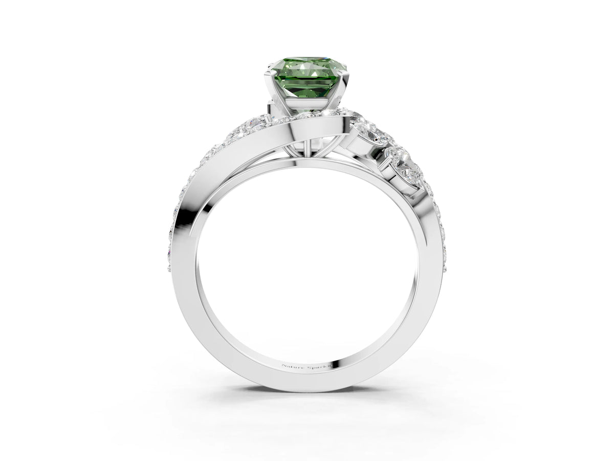 Fancy Green Radiant Cut Diamond Halo Ring in White gold with Marquise and Pavé Band in Prong Setting_3
