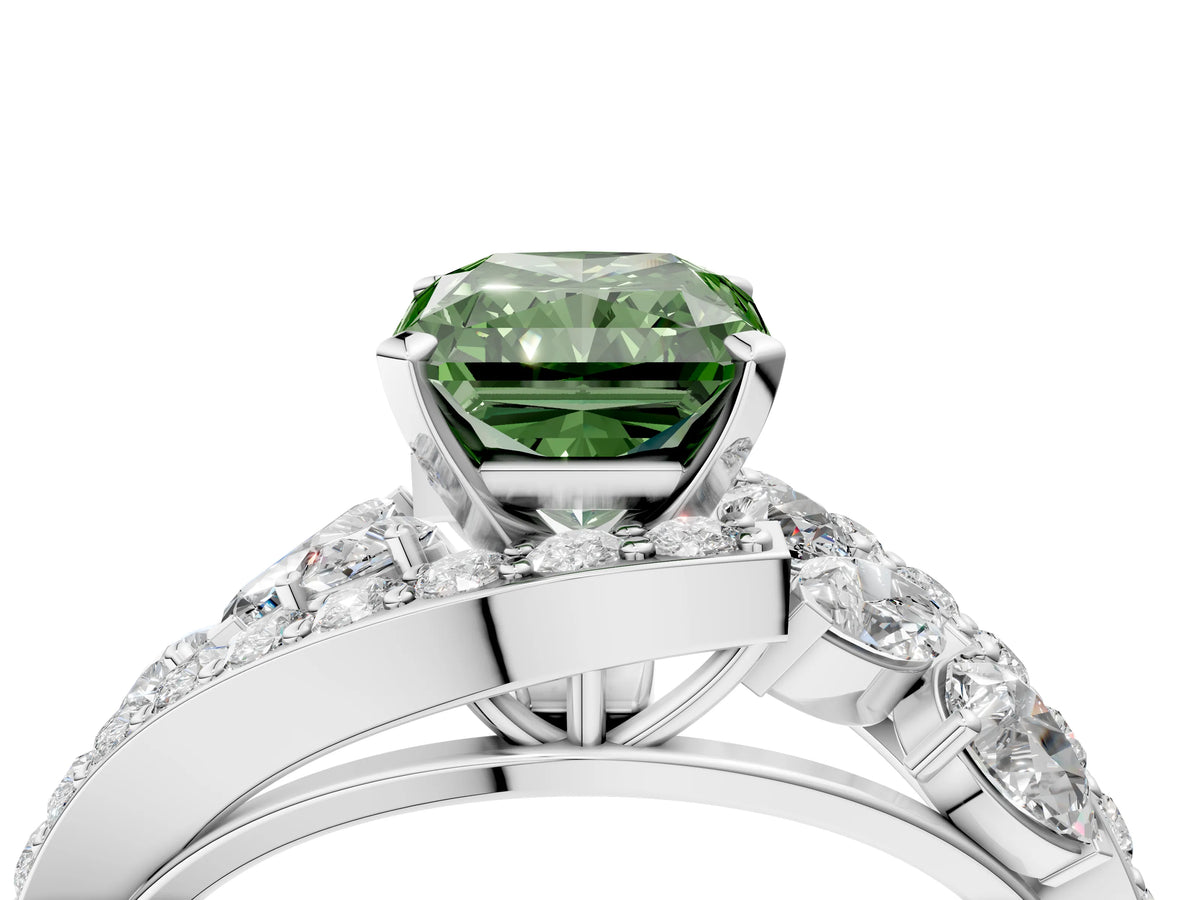 Fancy Green Radiant Cut Diamond Halo Ring in White gold with Marquise and Pavé Band in Prong Setting_4
