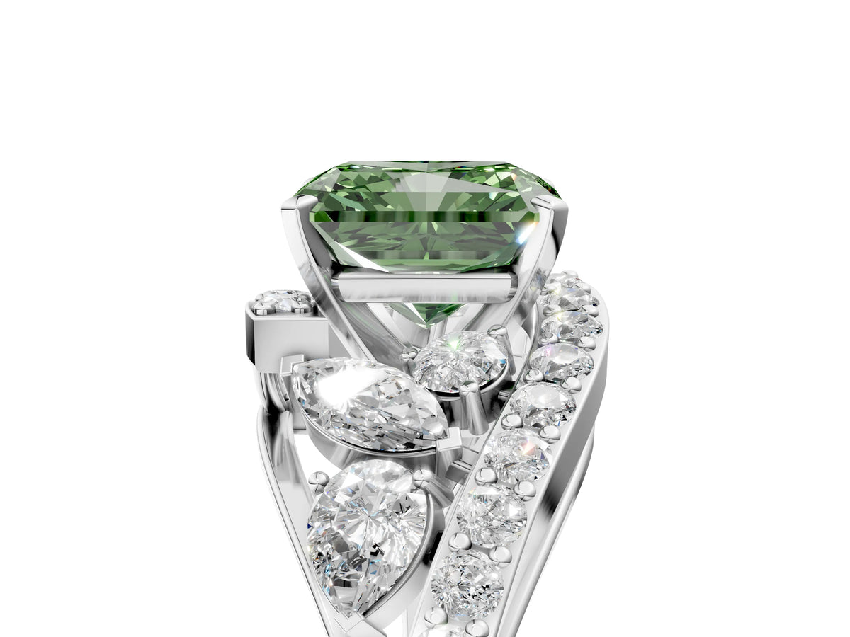Fancy Green Radiant Cut Diamond Halo Ring in White gold with Marquise and Pavé Band in Prong Setting_5