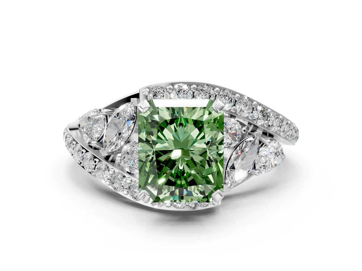 Fancy Green Radiant Cut Diamond Halo Ring in White gold with Marquise and Pavé Band in Prong Setting