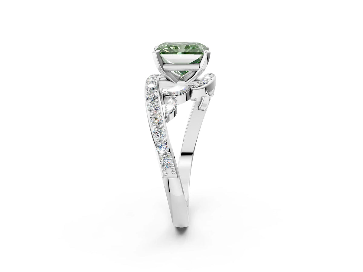 Fancy Green Radiant Cut Diamond Solitaire Ring in Platinum with Pavé Twist Band and Prong Setting_8