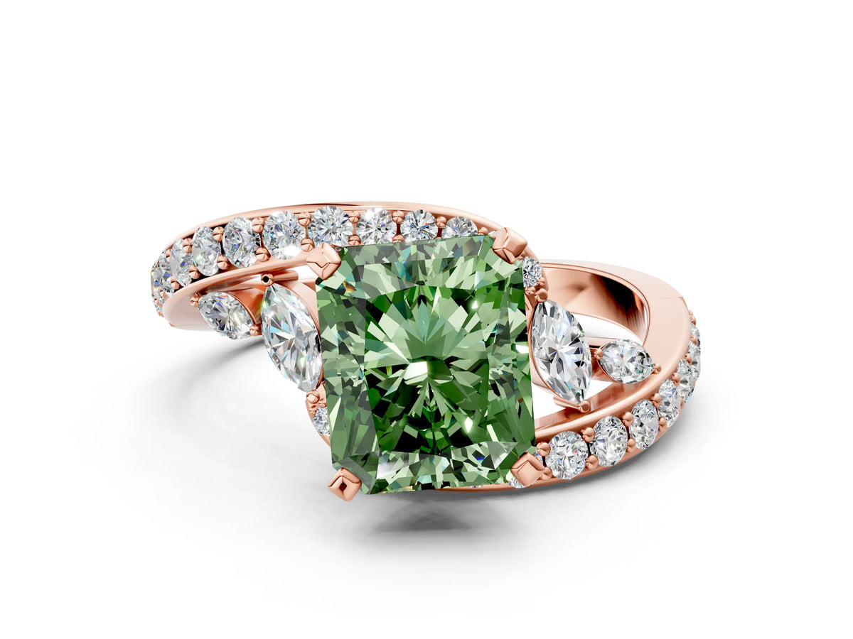 Fancy Green Radiant Cut Diamond Solitaire Ring in Rose gold with Pavé Twist Band and Prong Setting
