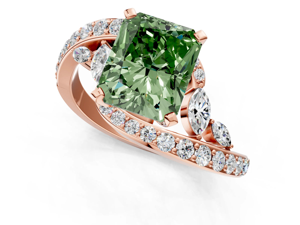 Fancy Green Radiant Cut Diamond Solitaire Ring in Rose gold with Pavé Twist Band and Prong Setting_1