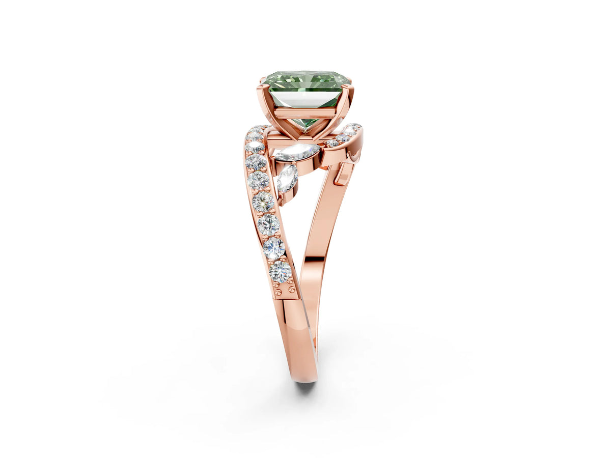 Fancy Green Radiant Cut Diamond Solitaire Ring in Rose gold with Pavé Twist Band and Prong Setting_2