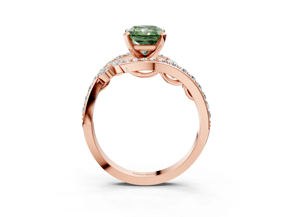 Fancy Green Radiant Cut Diamond Solitaire Ring in Rose gold with Pavé Twist Band and Prong Setting_3