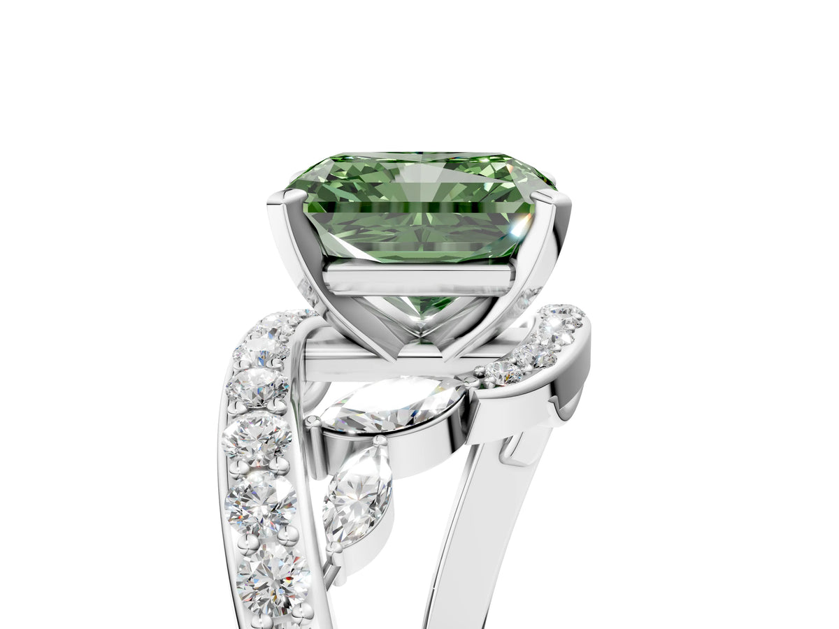 Fancy Green Radiant Cut Diamond Solitaire Ring in Silver with Pavé Twist Band and Prong Setting_11