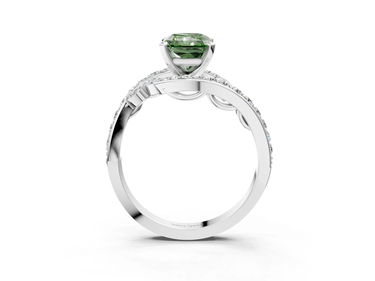 Fancy Green Radiant Cut Diamond Solitaire Ring in Silver with Pavé Twist Band and Prong Setting_9