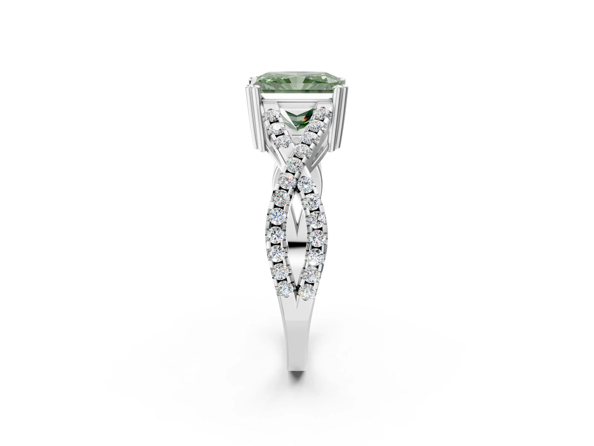 Fancy Green Radiant Cut Diamond Solitaire Ring in White gold with Interwoven Pavé Band and Prong Setting_2
