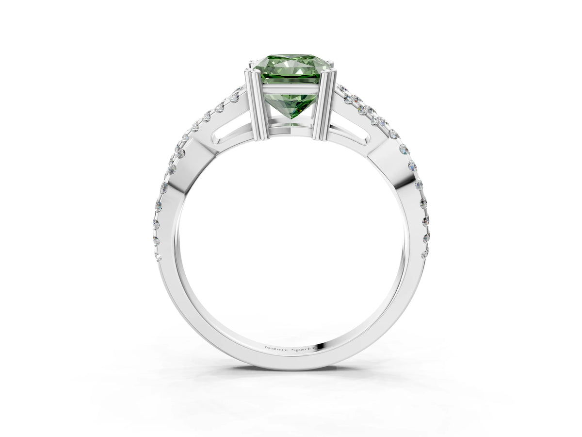 Fancy Green Radiant Cut Diamond Solitaire Ring in White gold with Interwoven Pavé Band and Prong Setting_3