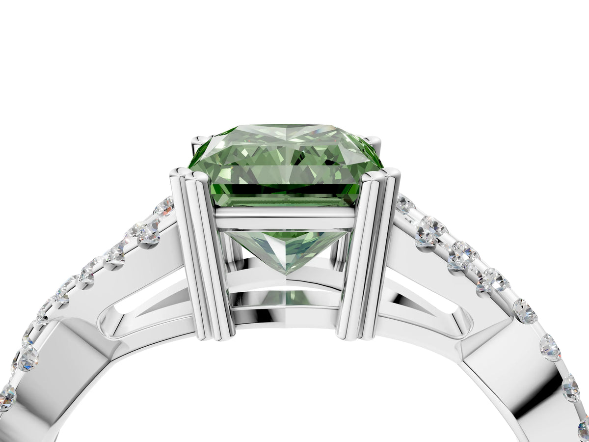 Fancy Green Radiant Cut Diamond Solitaire Ring in White gold with Interwoven Pavé Band and Prong Setting_4
