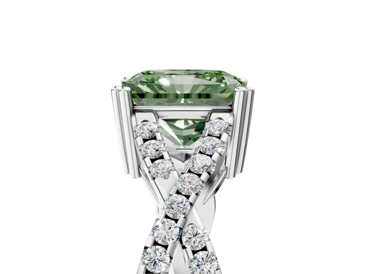Fancy Green Radiant Cut Diamond Solitaire Ring in White gold with Interwoven Pavé Band and Prong Setting_5