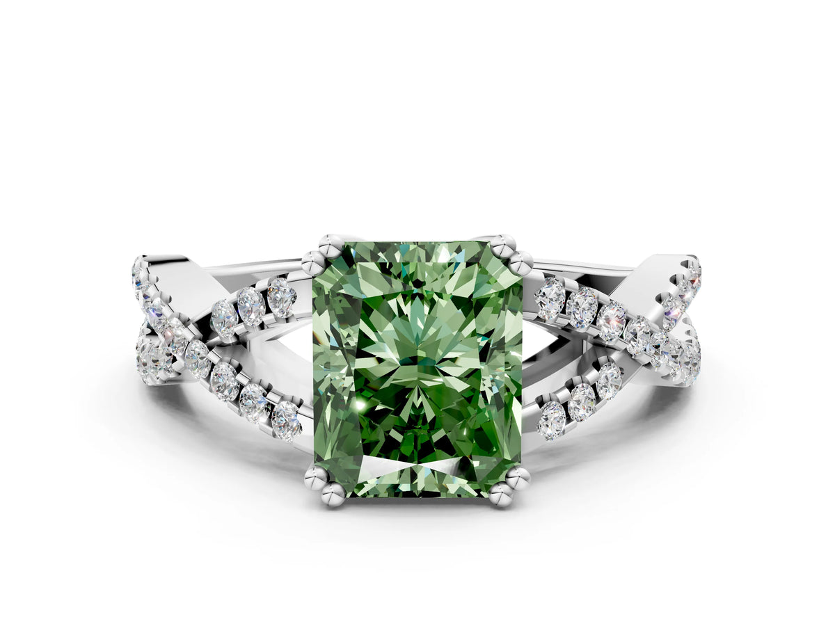 Fancy Green Radiant Cut Diamond Solitaire Ring in White gold with Interwoven Pavé Band and Prong Setting