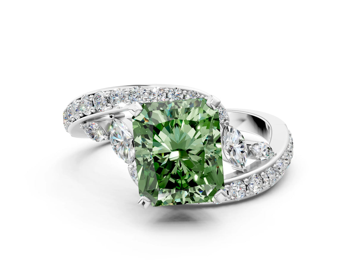 Fancy Green Radiant Cut Diamond Solitaire Ring in White gold with Pavé Twist Band and Prong Setting