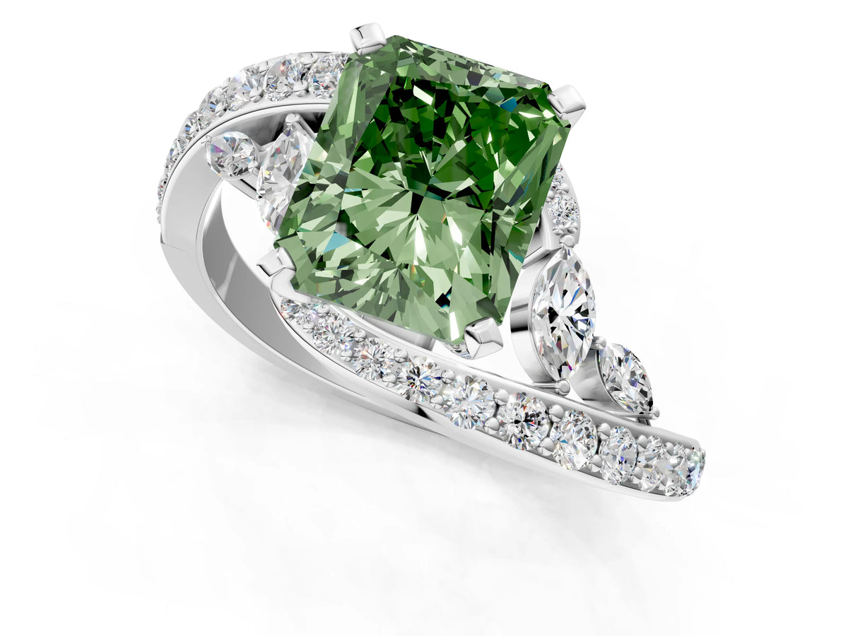 Fancy Green Radiant Cut Diamond Solitaire Ring in White gold with Pavé Twist Band and Prong Setting_1
